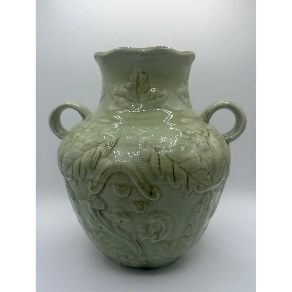 VTG Celadon Green‎ Art Pottery Double Handle Vase Floral Scroll Design 10.5